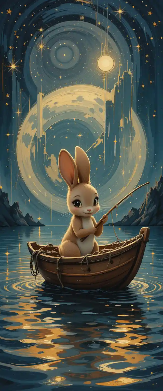 Cute cartoon rabbit fishing stars on a liquid moon