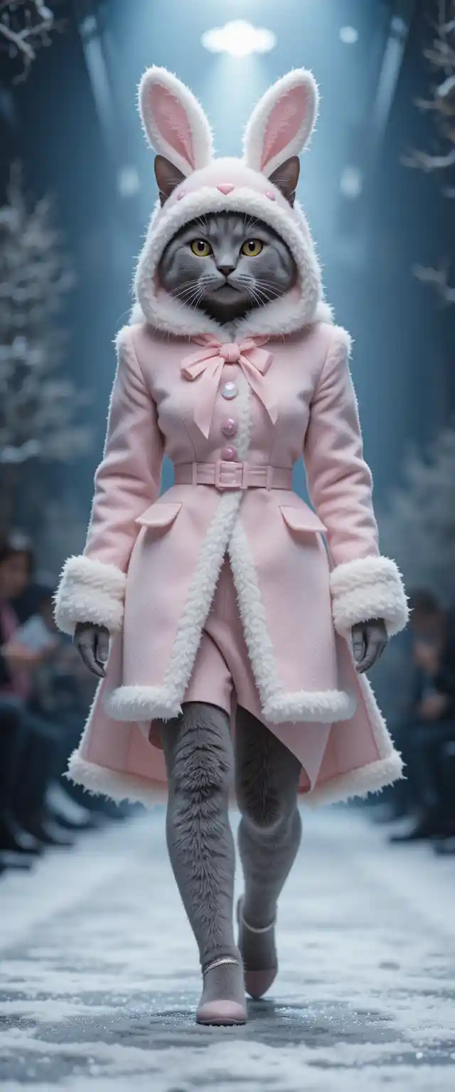 Stylish gray cat on a frosty winter fashion runway