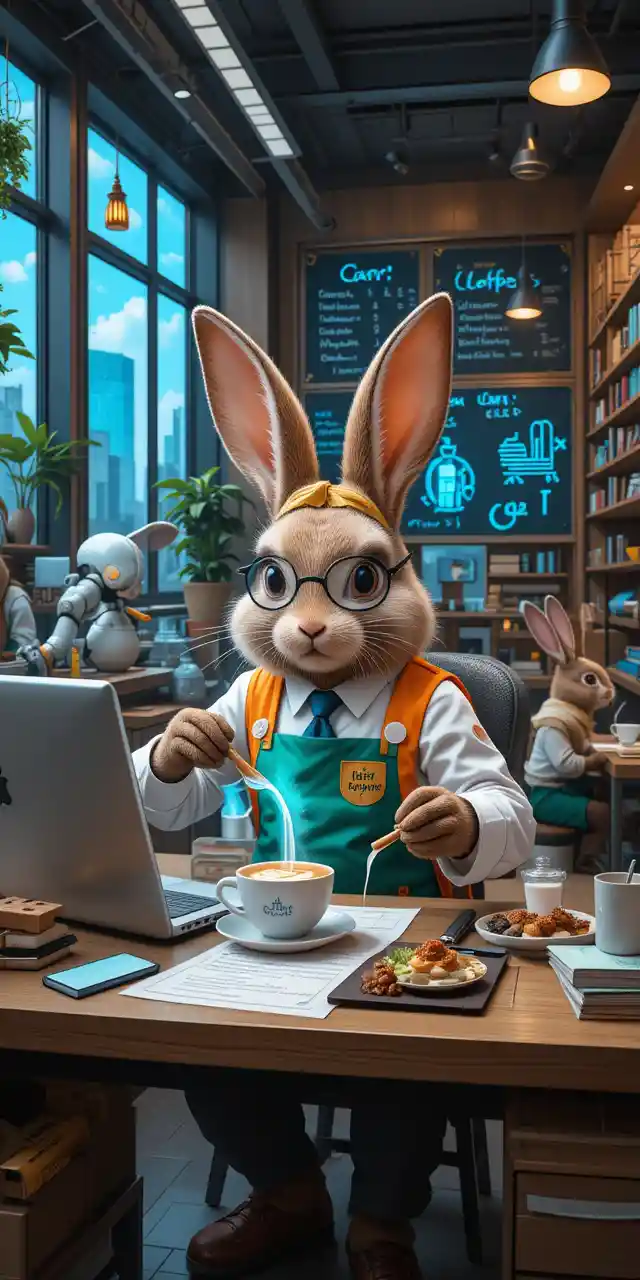 White office rabbit typing on a laptop at desk
