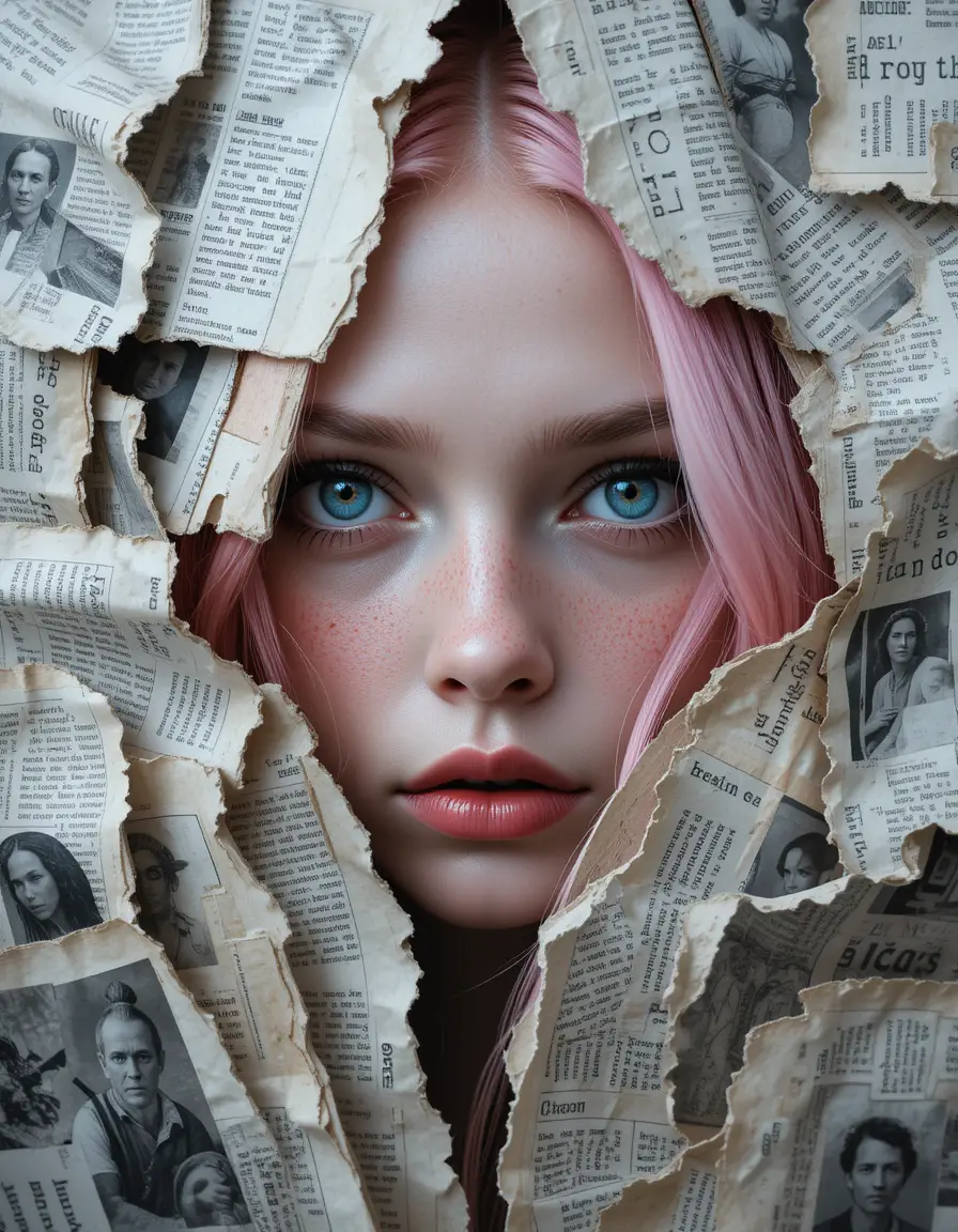 Girl with pink hair peering through newspaper collage