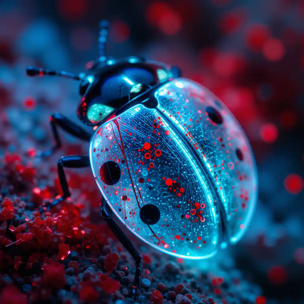 Glowing translucent ladybug with floating red and black particles