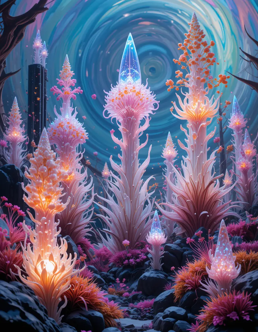 Surreal landscape of glowing synthetic plants and crystals