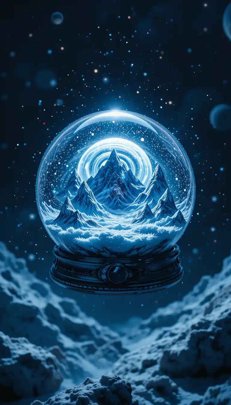 Glass snow globe with frozen exoplanet drifting in space