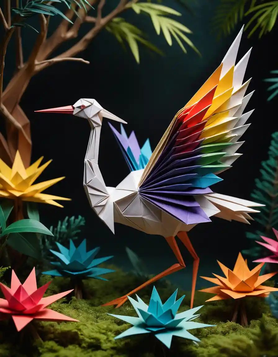 Colorful origami crane in a whimsical paper forest