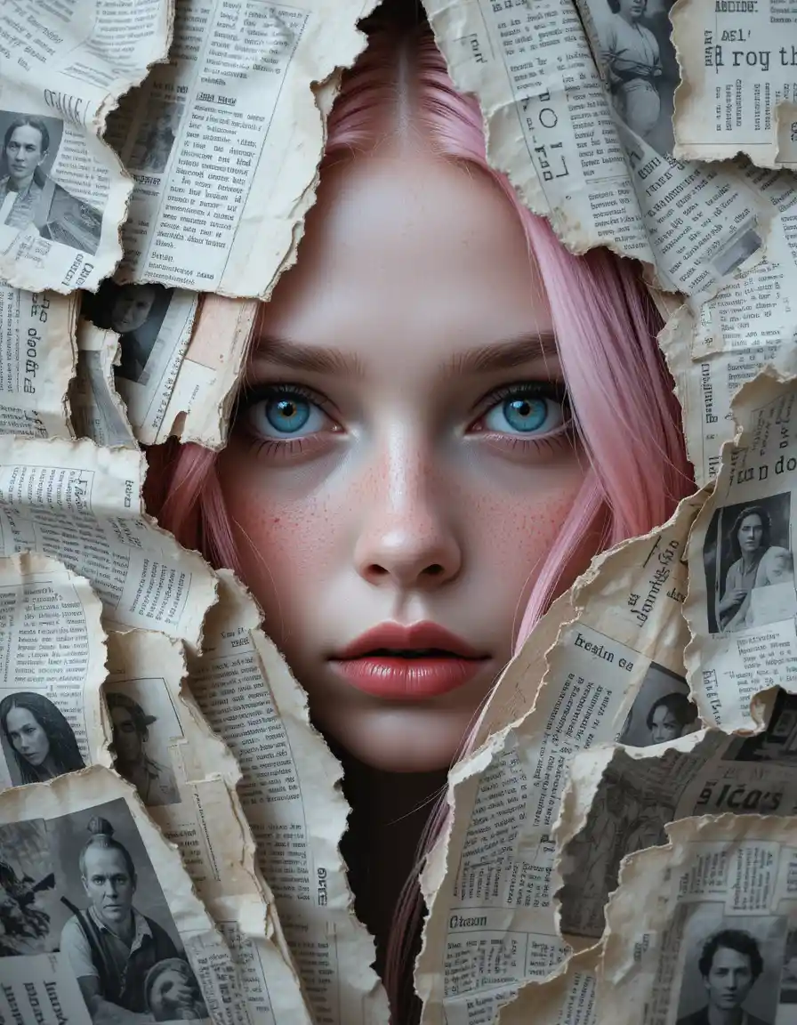 Girl with pink hair peering through newspaper collage