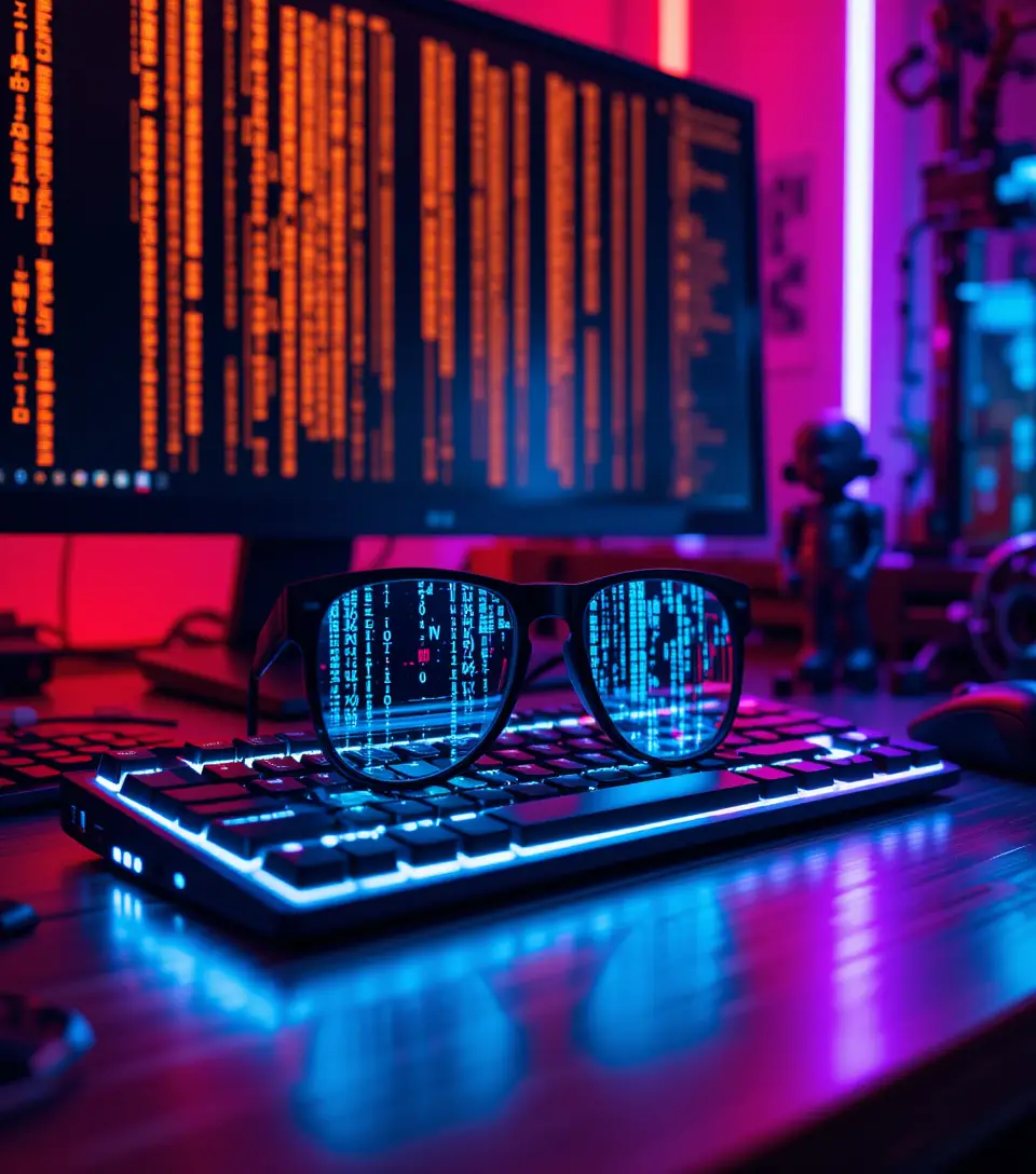 Futuristic eyeglasses reflecting digital code on keyboard