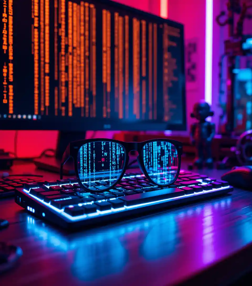 Futuristic eyeglasses reflecting digital code on keyboard