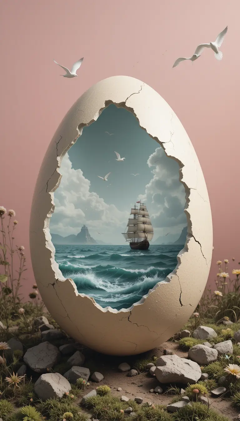 Surreal Cracked Egg Revealing Ocean And Sailing Ship