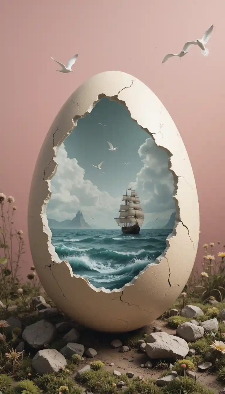 Surreal Cracked Egg Revealing Ocean And Sailing Ship