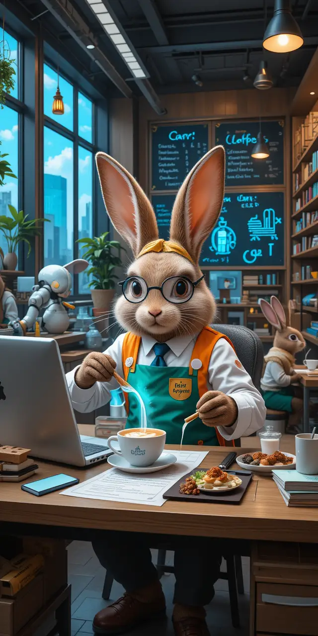 White office rabbit typing on a laptop at desk