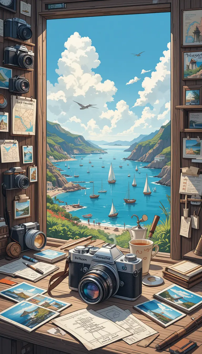 Vintage camera and tea by a peaceful seaside workspace