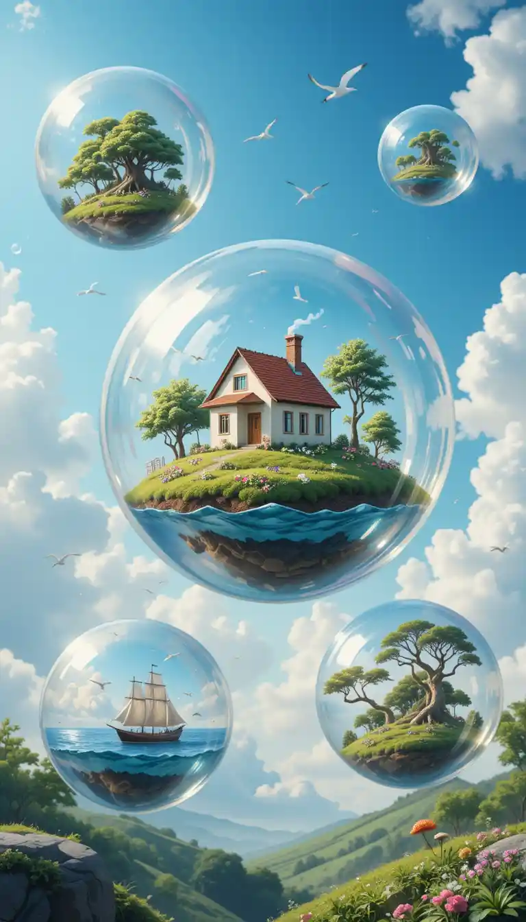 Soap bubbles floating in the sky with tiny worlds inside