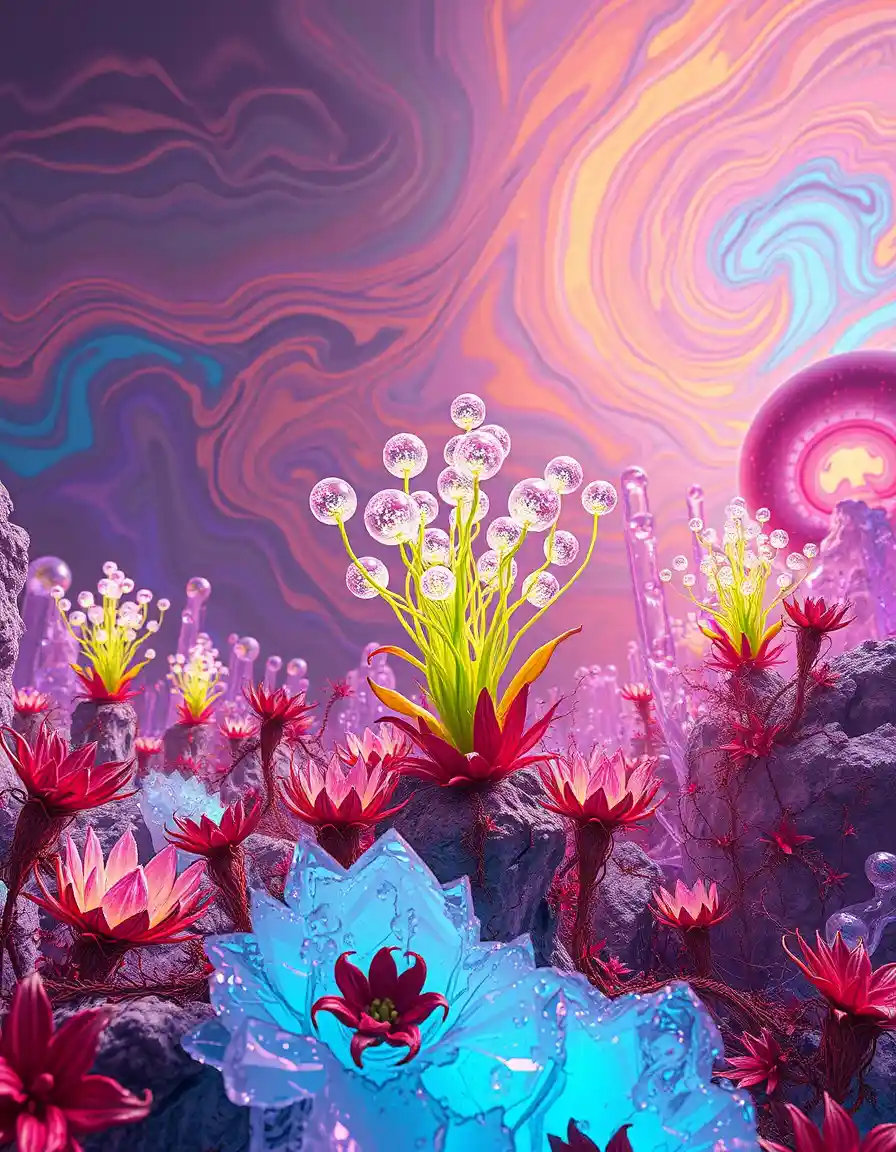 Surreal landscape of luminous synthetic plants and crystals