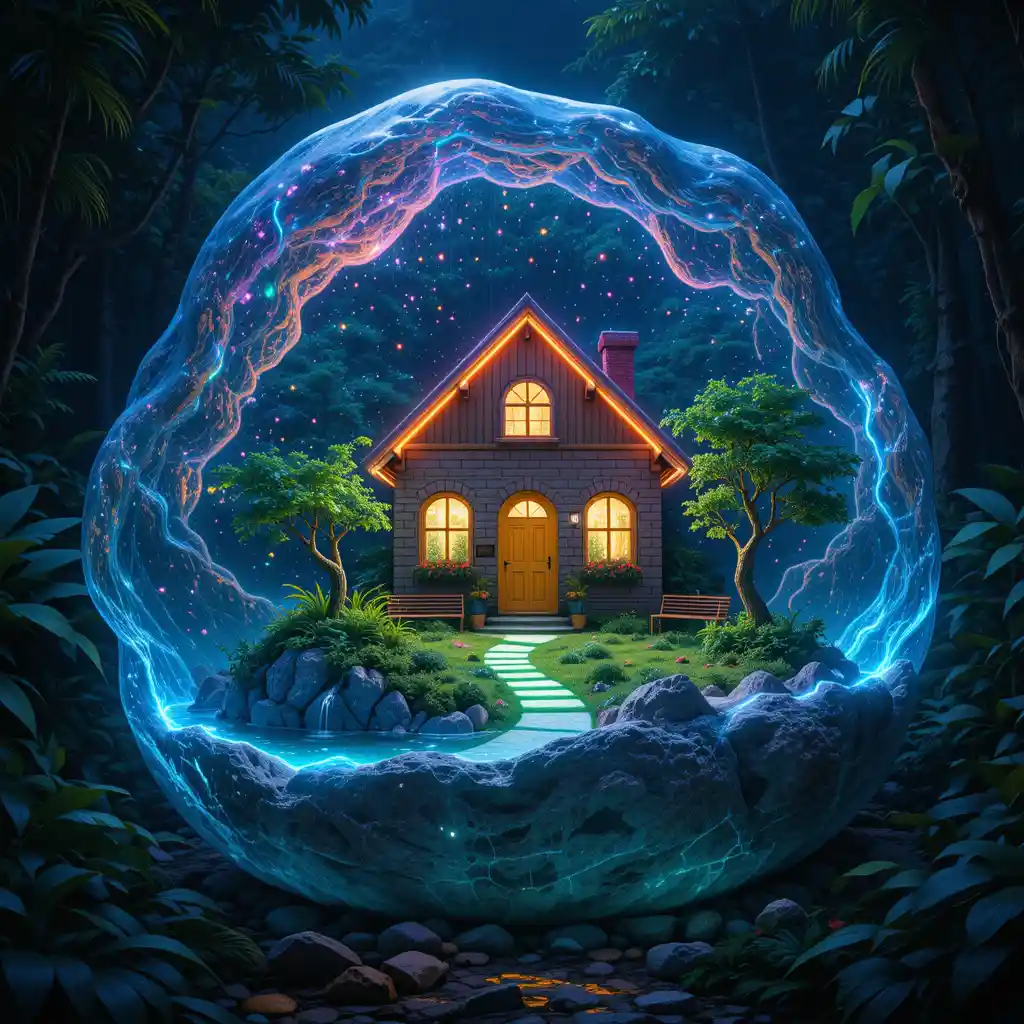 Cozy Neon Brick House Inside A Transparent Jungle Rock