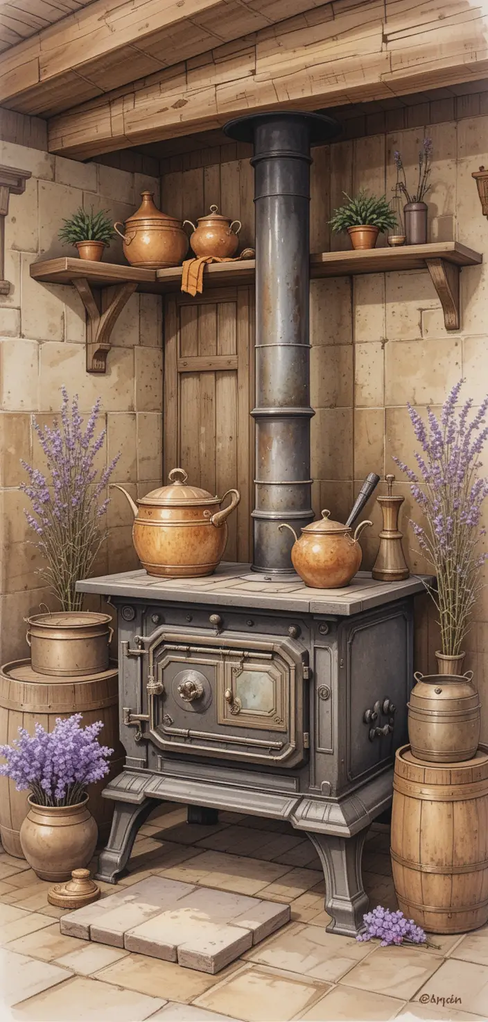 Watercolor painting of a vintage stove in rustic interior