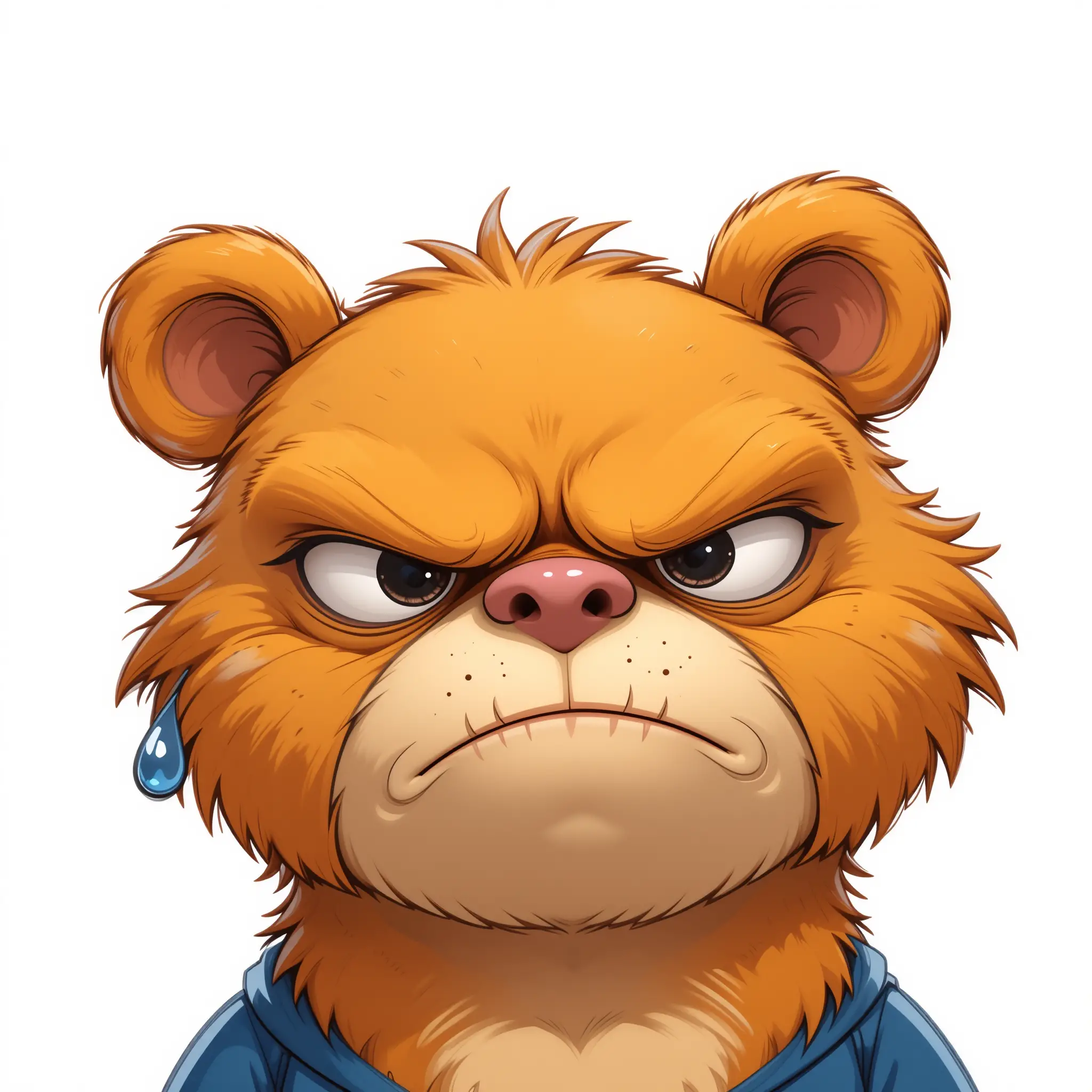 Grumpy cartoon bear head in blue shirt on white background