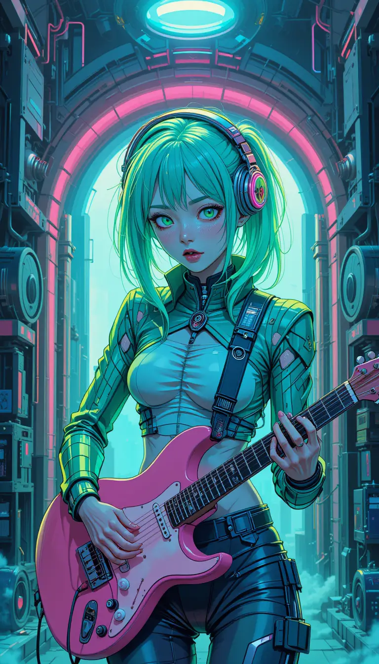 Fille d’anime aux cheveux verts jouant une guitare mécha cyberpunk