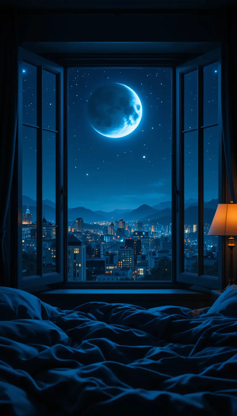Cozy Night Bedroom With Open Window City Skyline View