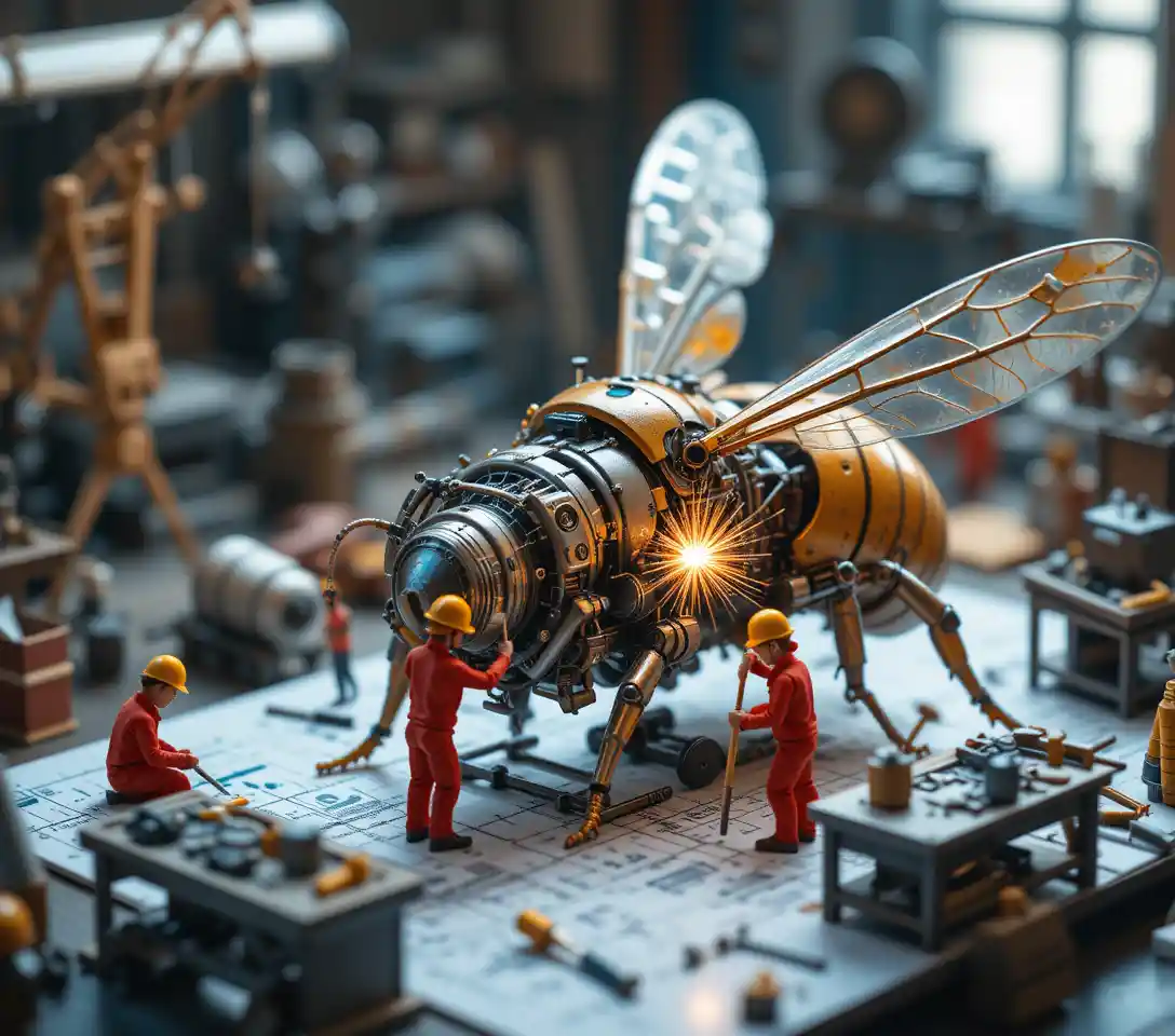 Trabalhadores em miniatura construindo uma cena detalhada de motor de carro