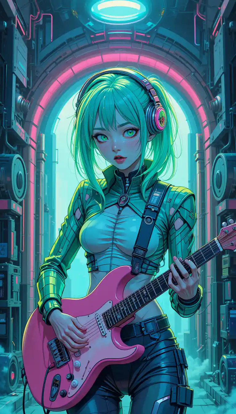 綠髮動漫少女彈奏賽博龐克機甲吉他