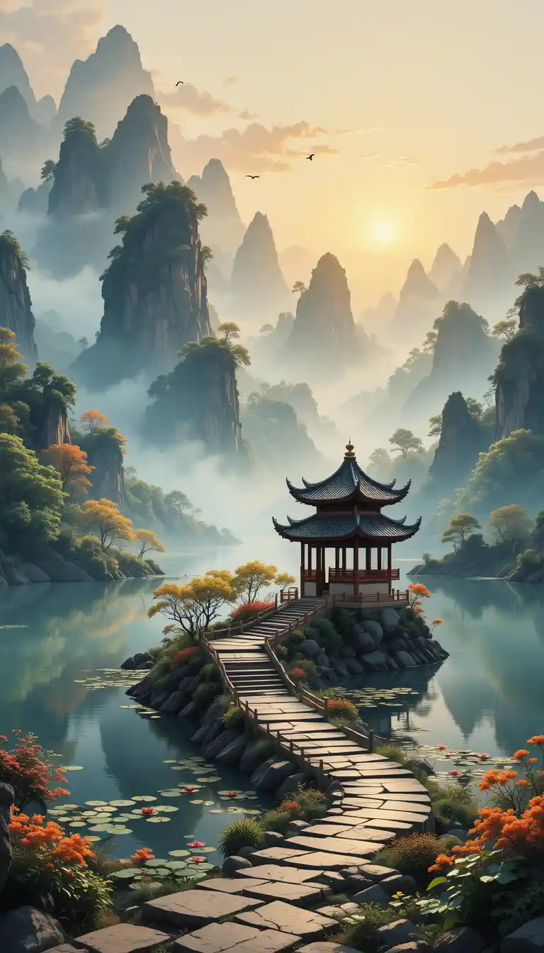 Serene mountain lake with pavilion at golden sunrise