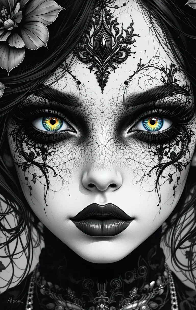 Gothic floral girl portrait with vibrant multicolor eyes