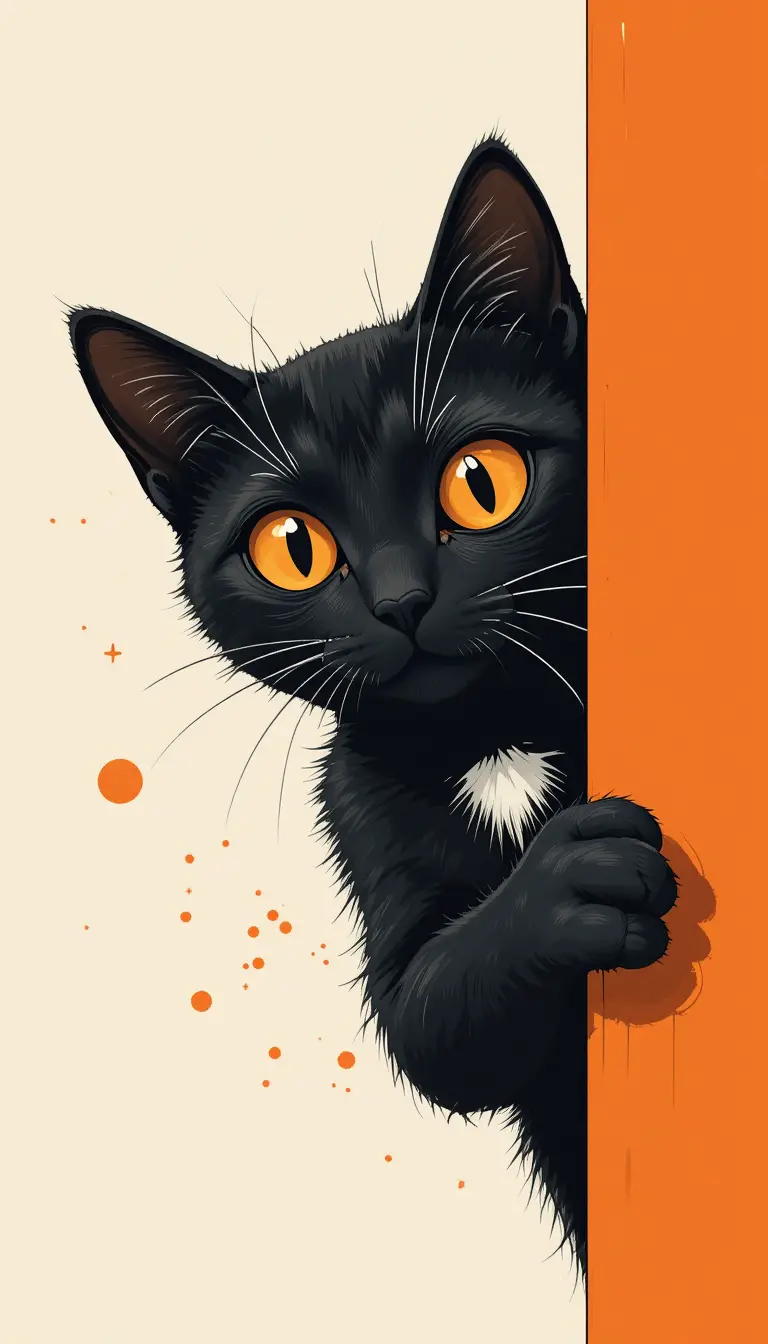 Curious black cat peeking from behind bright orange wall