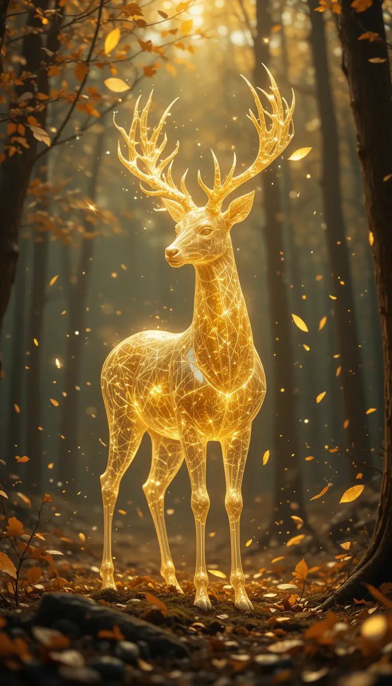 Celestial golden deer in a glowing mystical forest