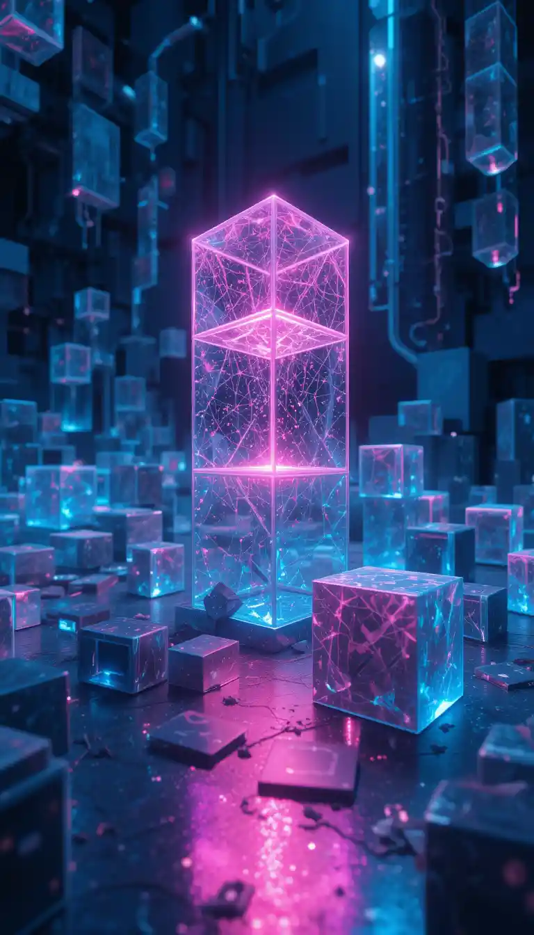 Geometric cubes connected like a blockchain chain