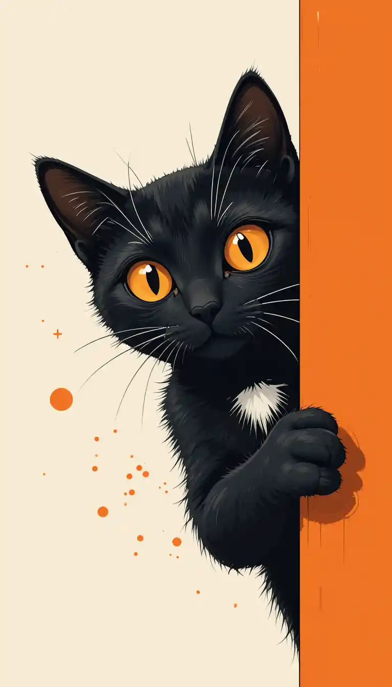 Curious black cat peeking from behind bright orange wall