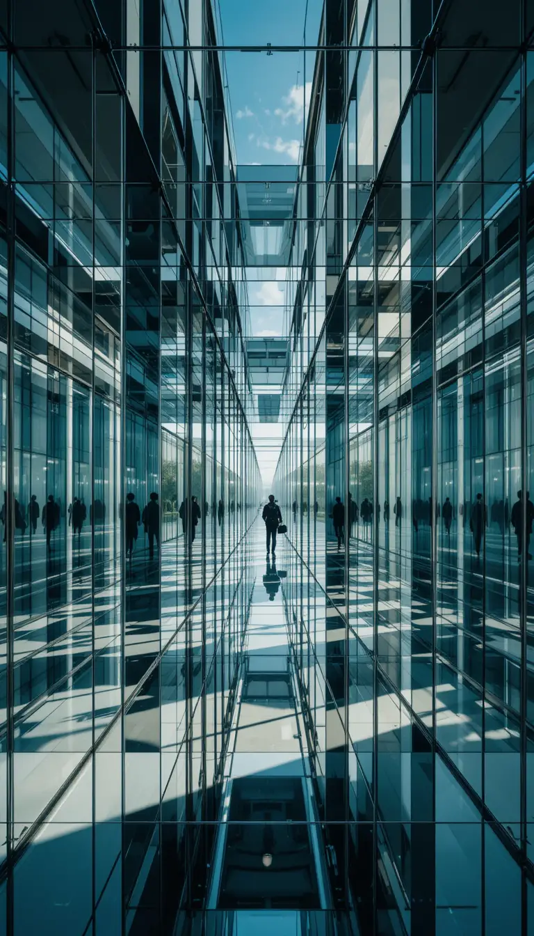 Labyrinth of reflective glass panels with surreal perspectives