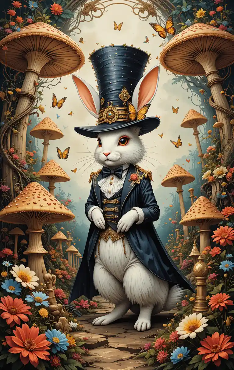 Whimsical White Rabbit In Surreal Fantasy Mushroom World