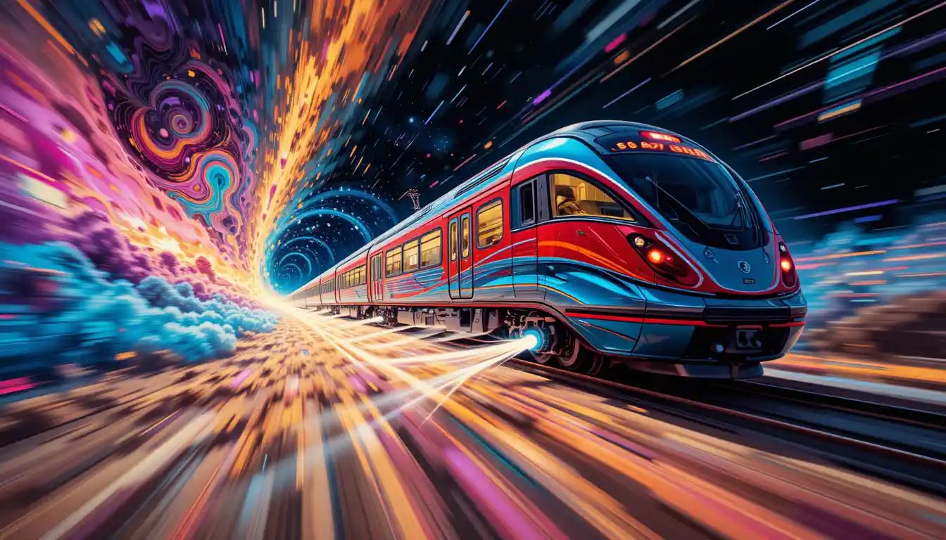 Treno intergalattico surreale che sfreccia nello spazio esterno colorato