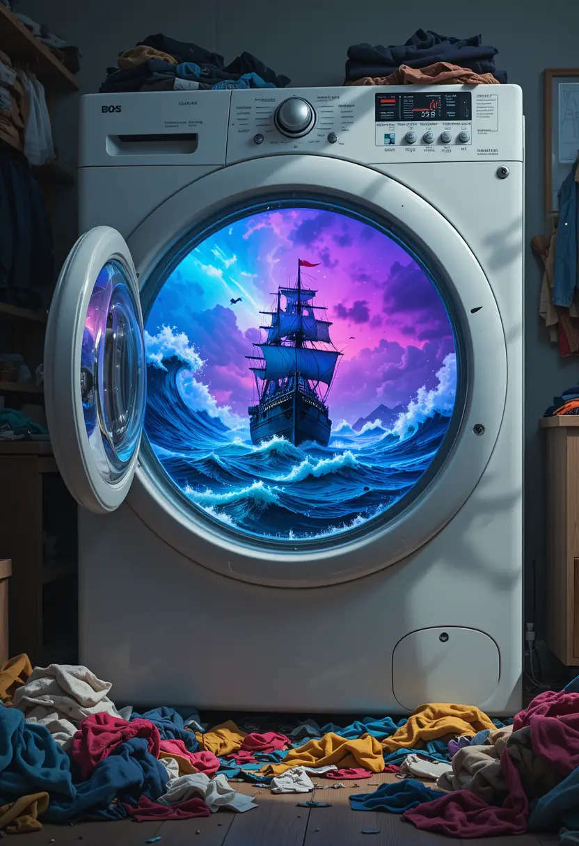 Surreal Washing Machine Portal Revealing Stormy Ocean Battleship