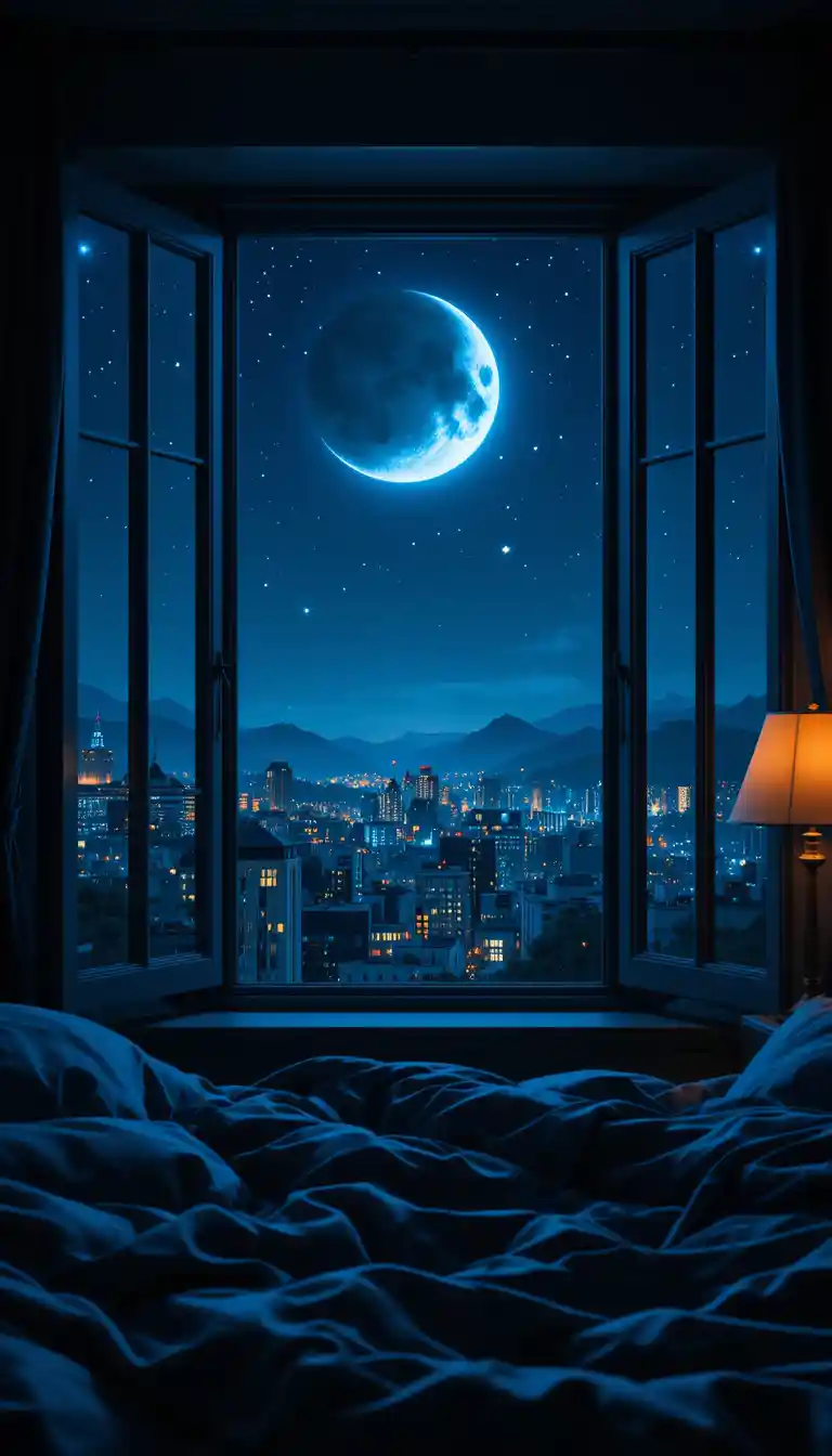 Cozy Night Bedroom With Open Window City Skyline View