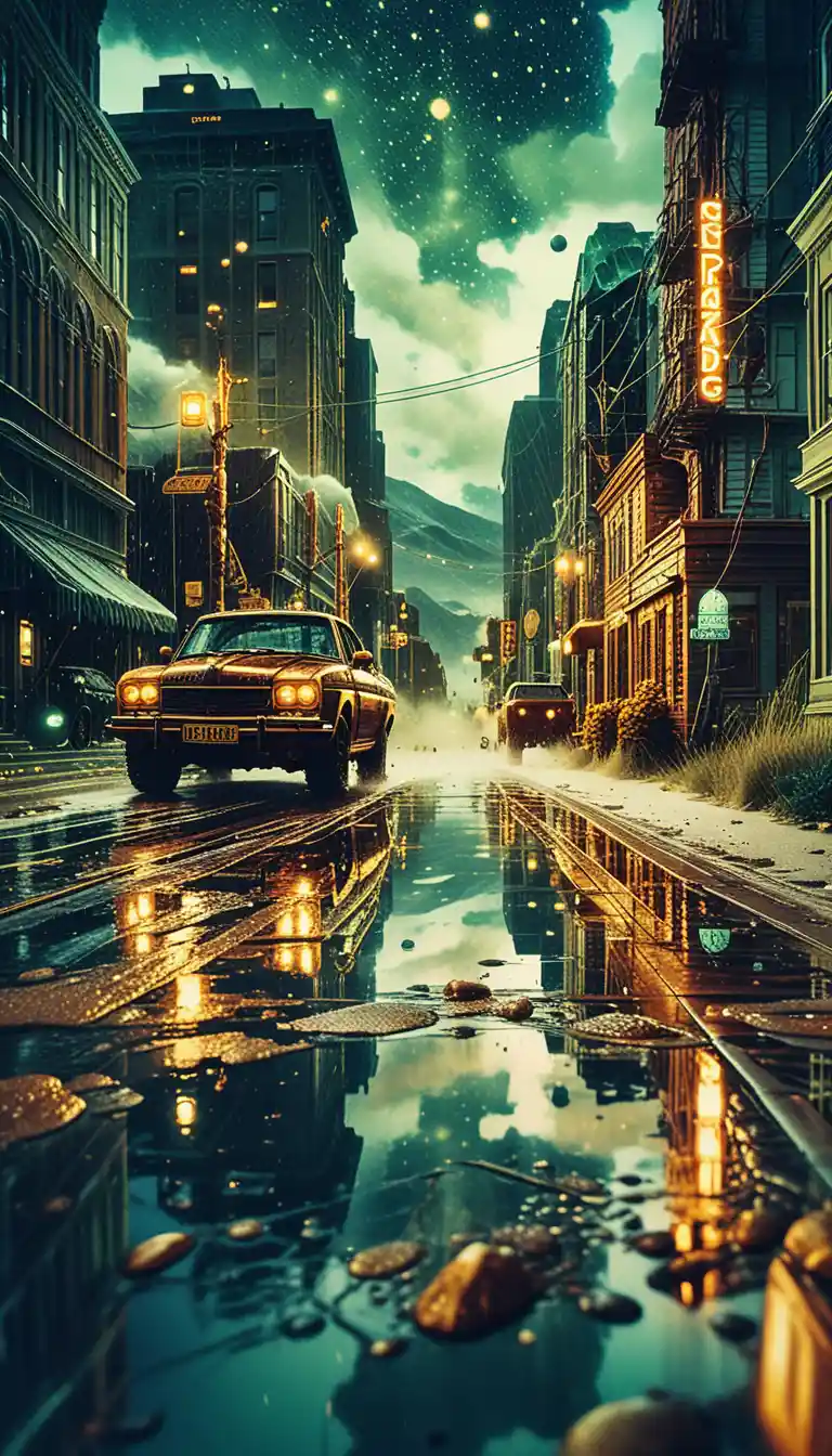 Moody summer rain on a wet cinematic city street