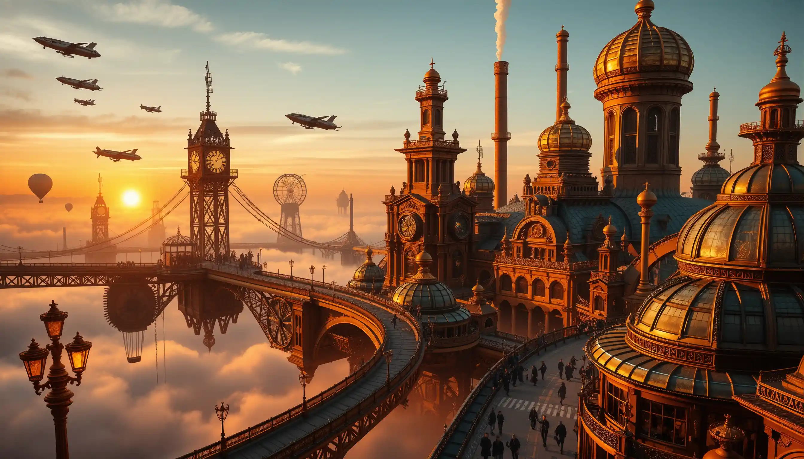 Steampunk Floating City Above The Clouds At Sunset