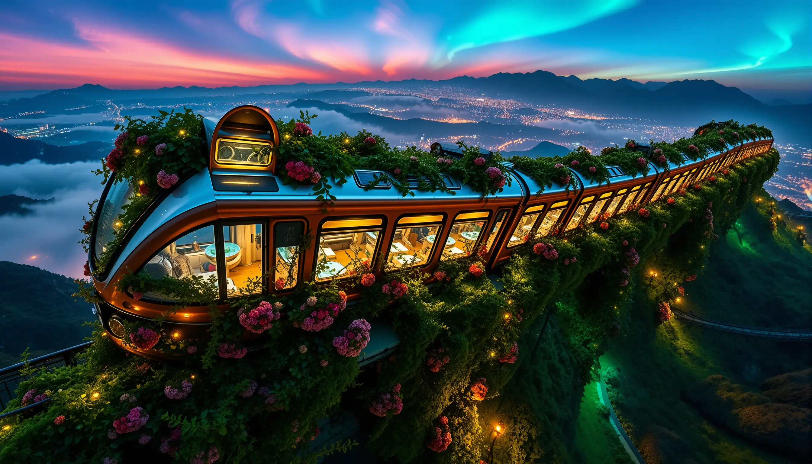 Enchanted Flower Covered Train Gliding Through Fantasy Valley