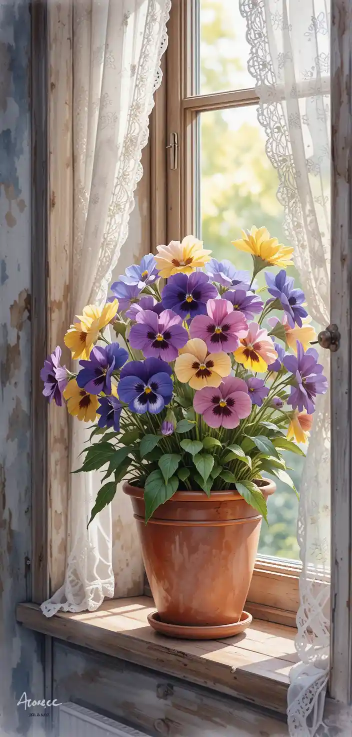 Watercolor pansy bouquet on sunny rustic windowsill