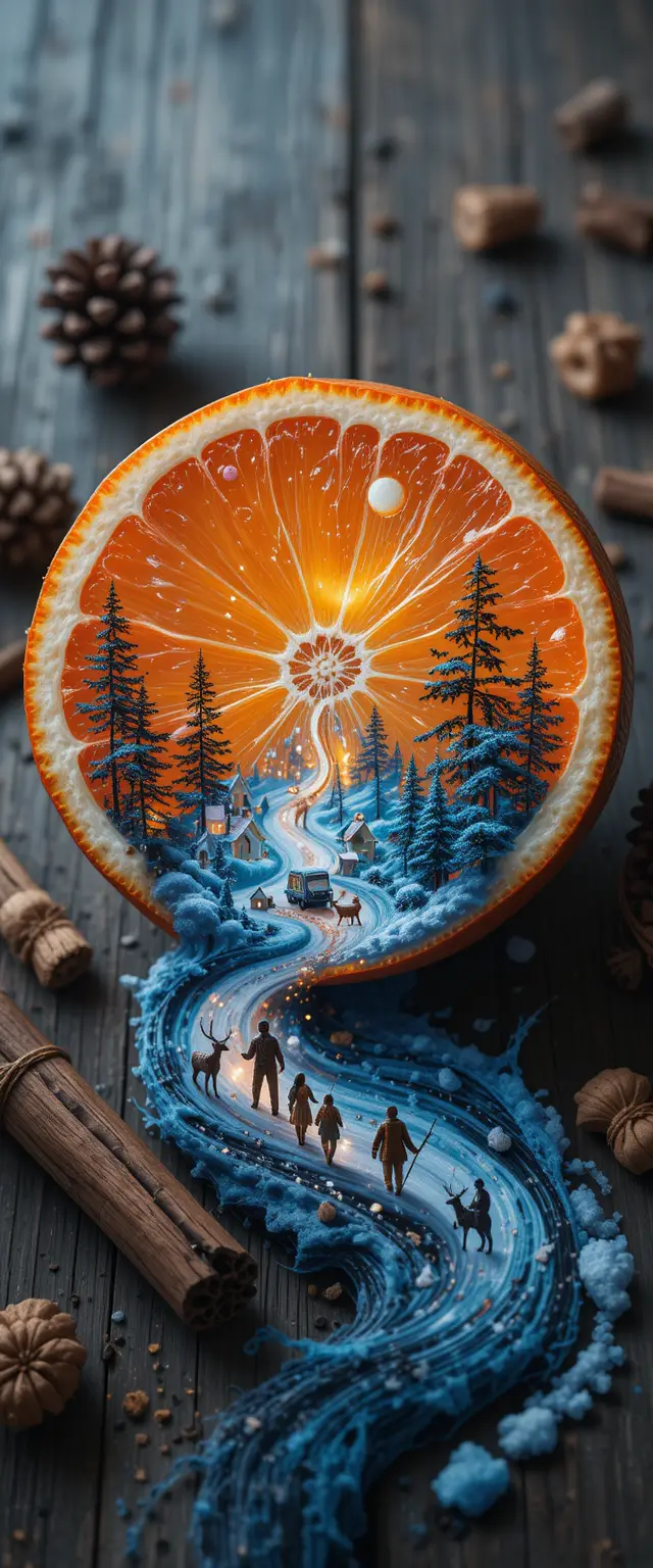 Surreal double exposure tangerine slice on wooden table