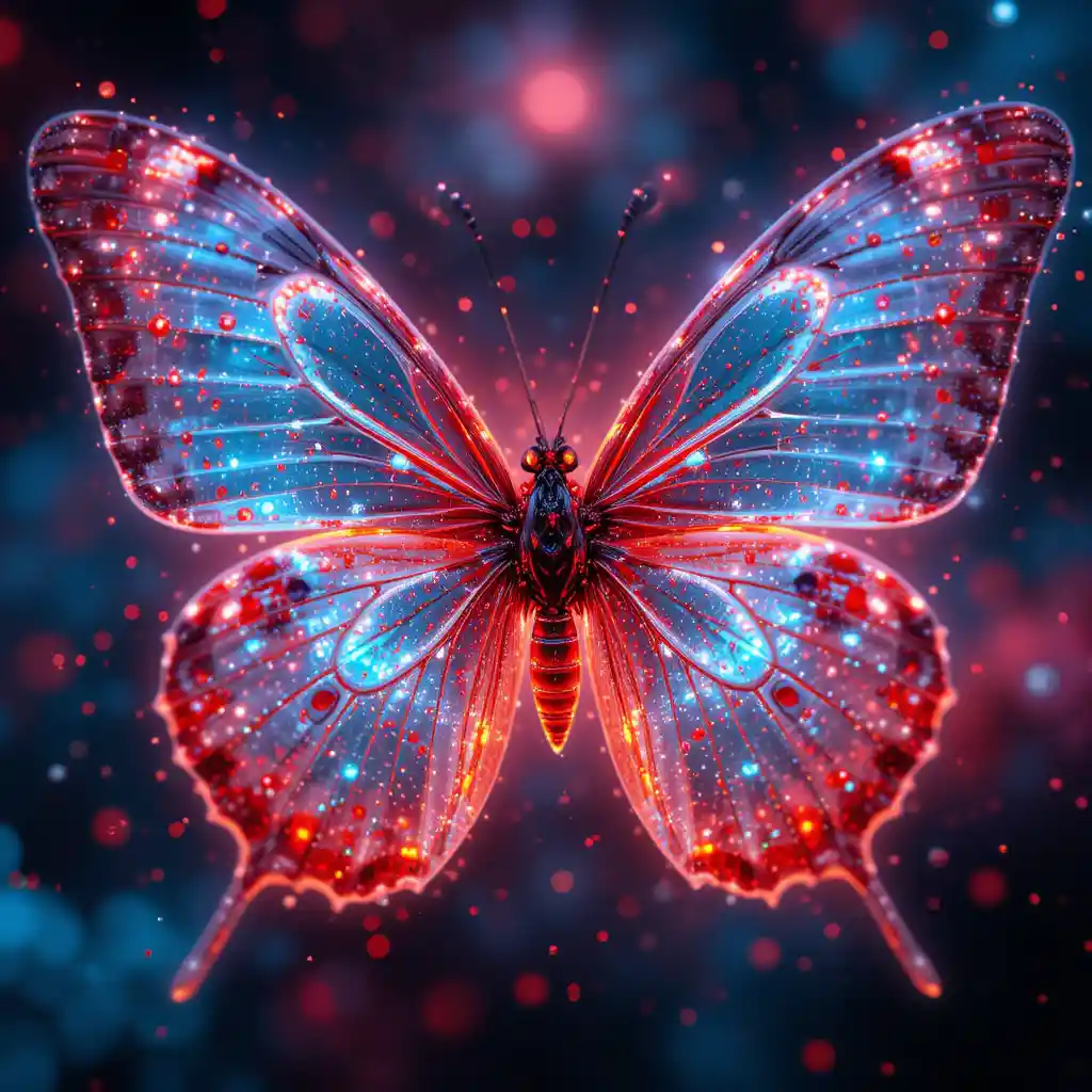 Glowing Transparent Butterfly With Floating Red And Black Particles