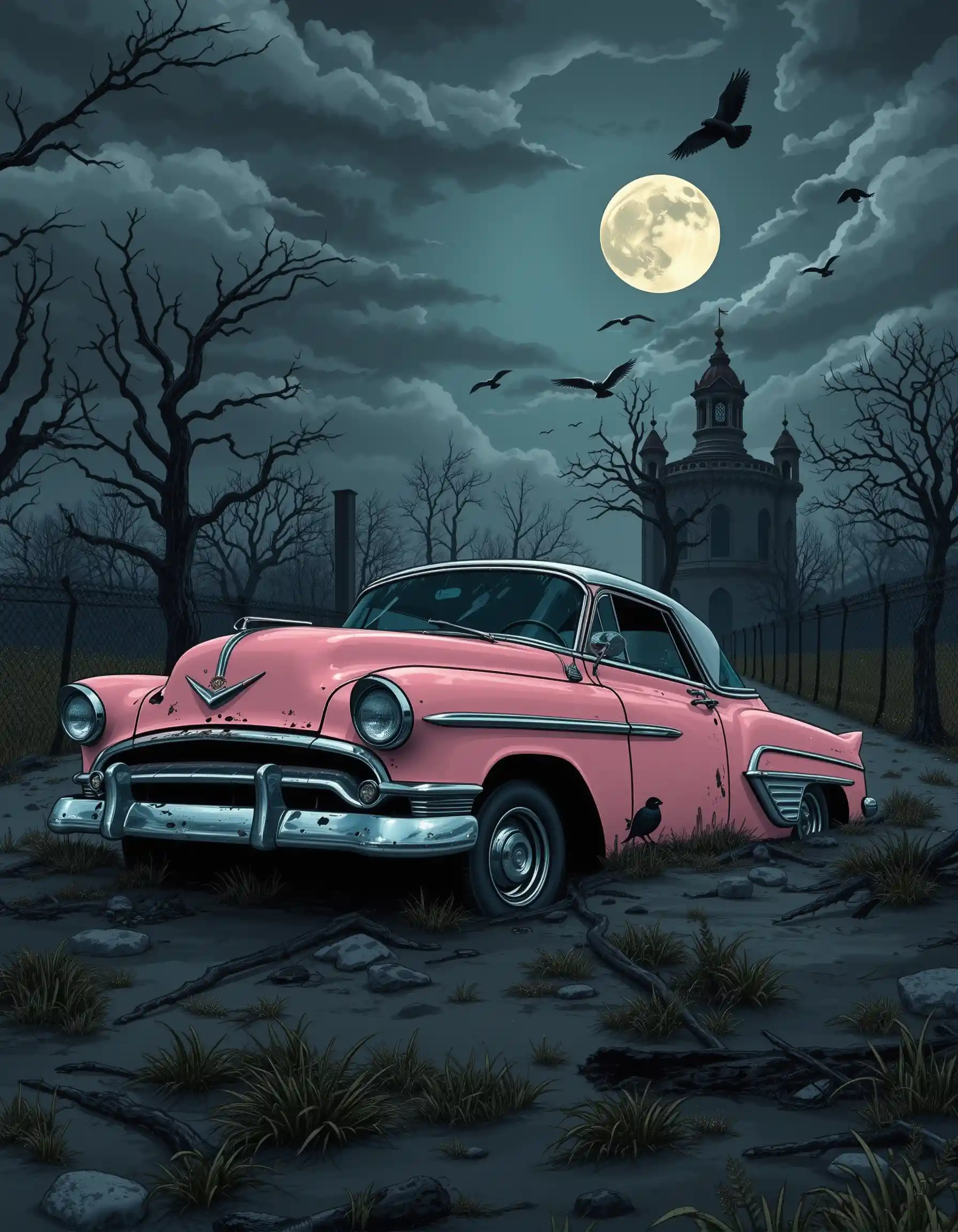 Old Pink Classic Car Sinking Beside Abandoned Chateau At Night