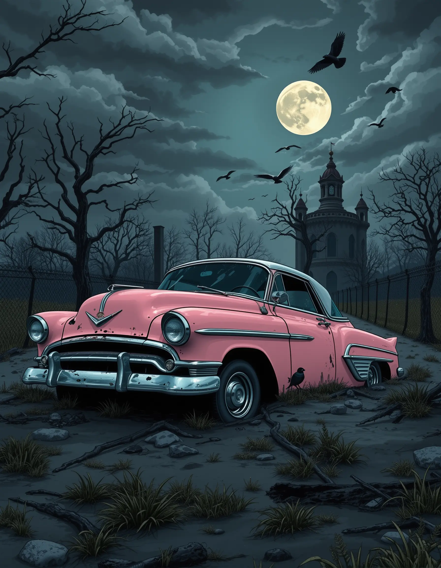 Old Pink Classic Car Sinking Beside Abandoned Chateau At Night