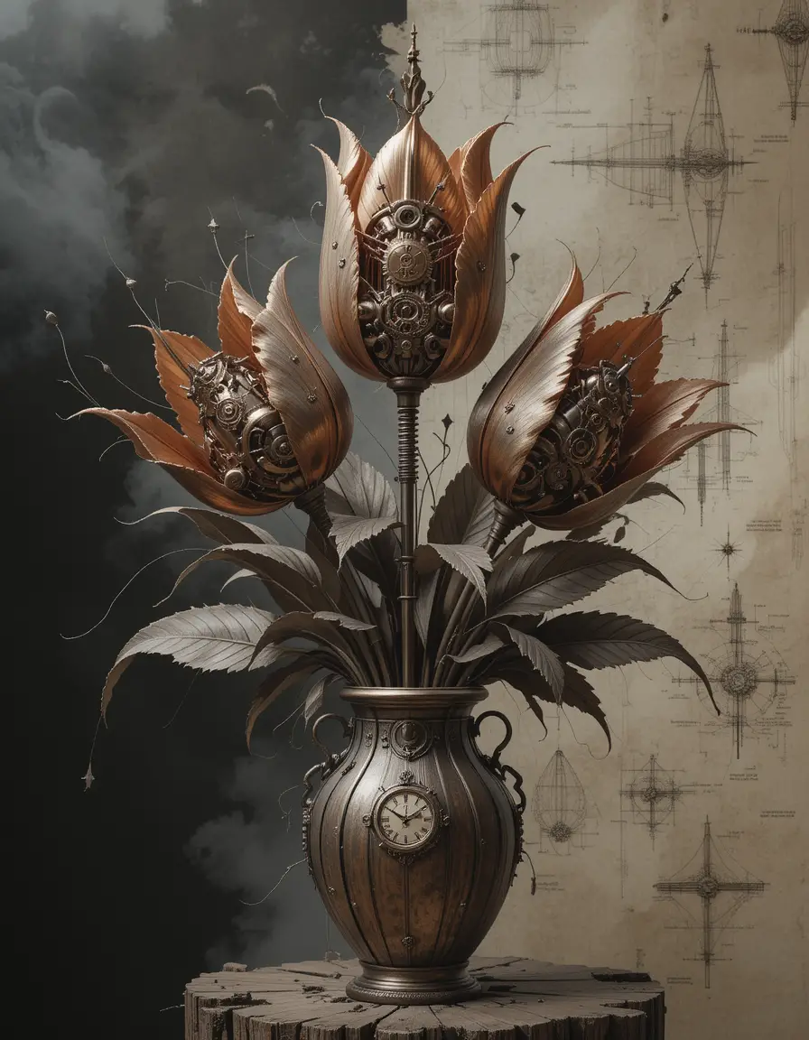 Mechanical copper tulip bouquet with exposed clockwork