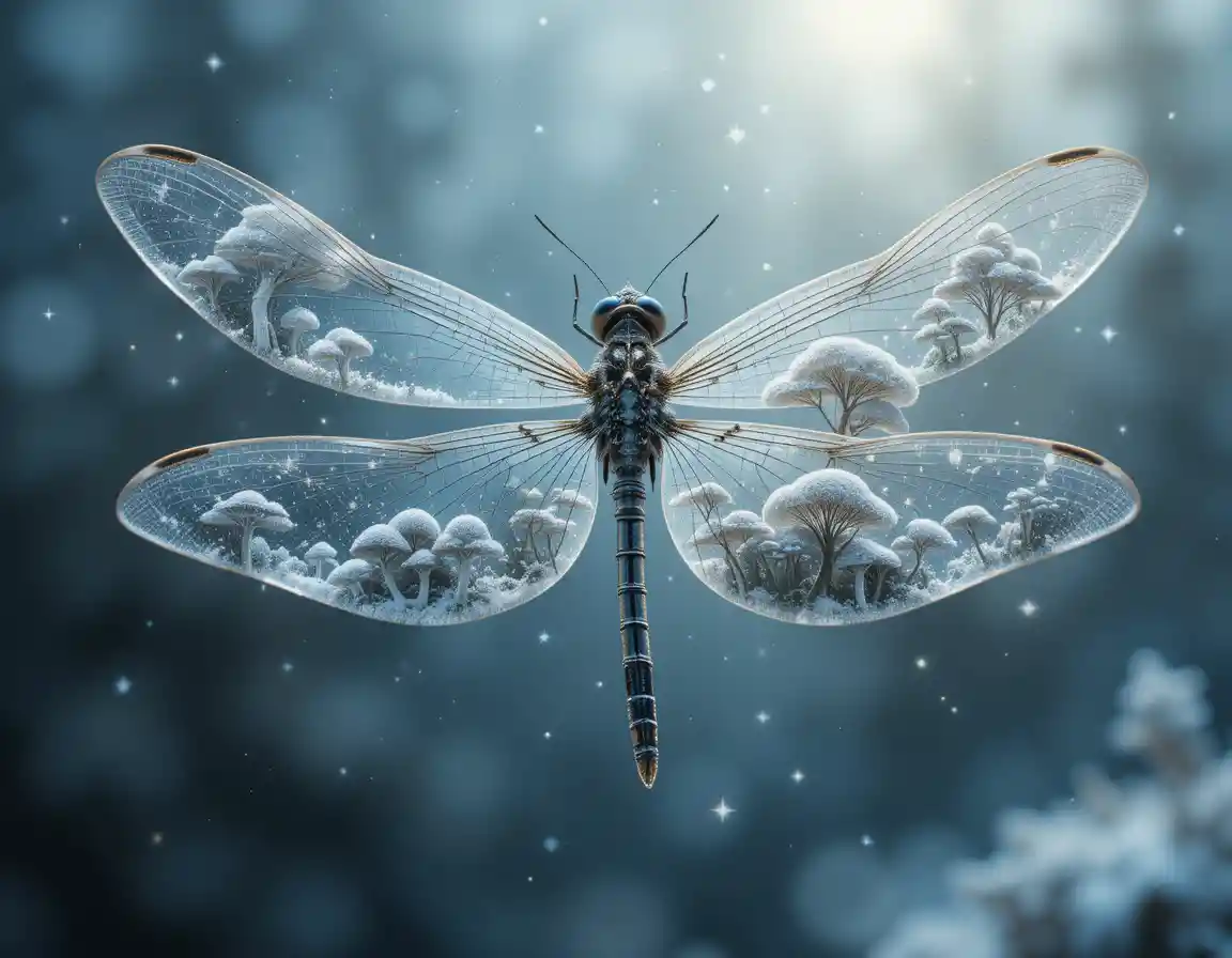 Libellenflügel enthüllen eine miniaturhafte Winter-Fantasiewelt