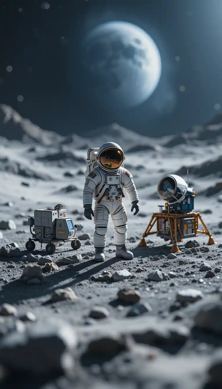 Tiny astronaut exploring a miniature moon base under earthlight