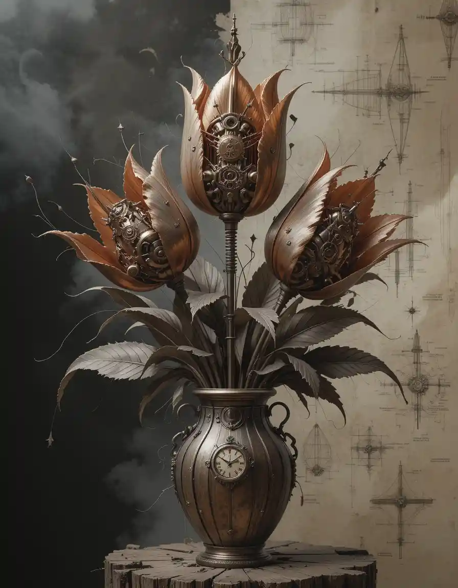 Mechanical copper tulip bouquet with exposed clockwork