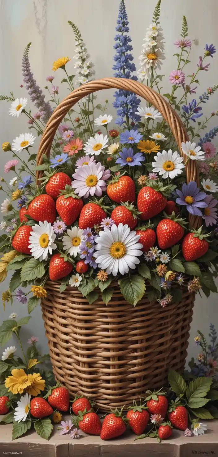 Still life basket of strawberries and wildflowers painting