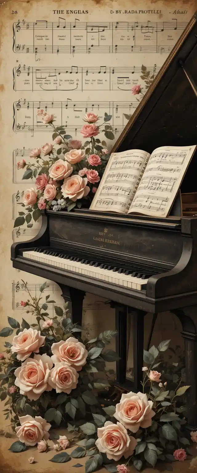 Vintage painting of grand piano with pastel roses