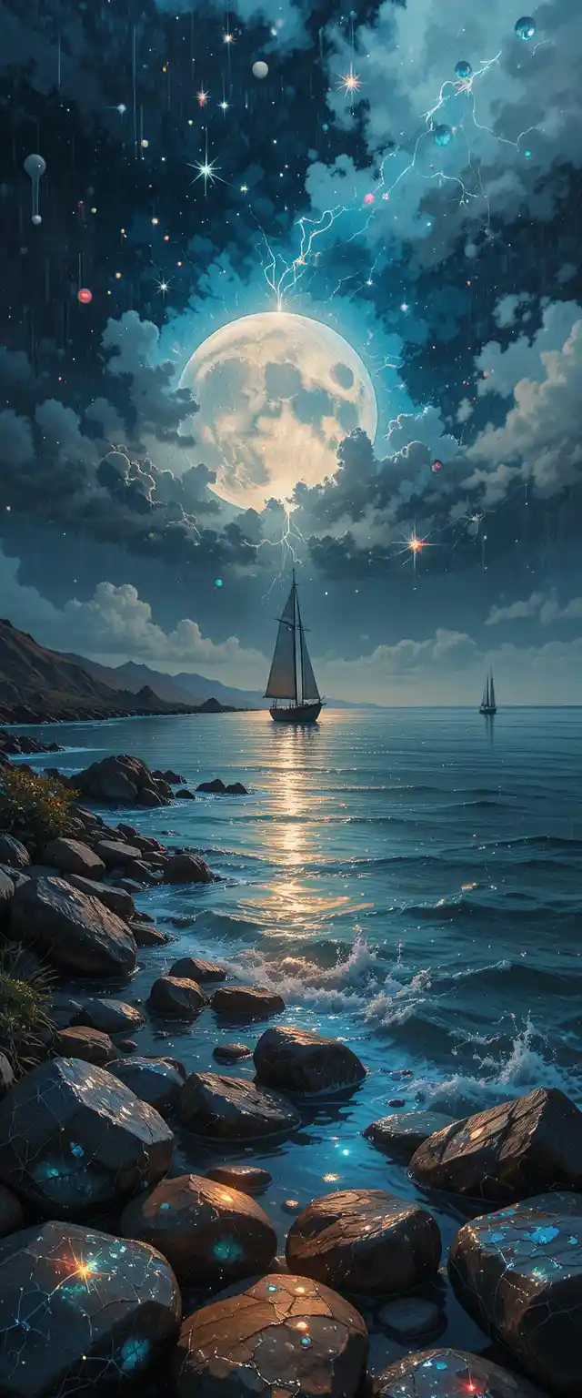Double exposure seascape with moonset and small boat